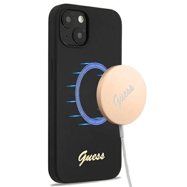 Guess GUHMP13MLSLMGBK iPhone 13 6.1" black/black hardcase Silicone Script Gold Logo Magsafe_0