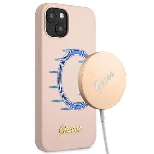 Guess GUHMP13MLSLMGLP iPhone 13 6.1" light pink/light pink hardcase Silicone Script Gold Logo Magsafe_0