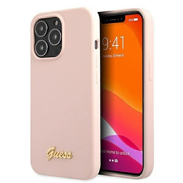 Guess GUHMP13XLSLMGLP iPhone 13 Pro Max 6.7" light pink/light pink hardcase Silicone Script Gold Logo Magsafe_1