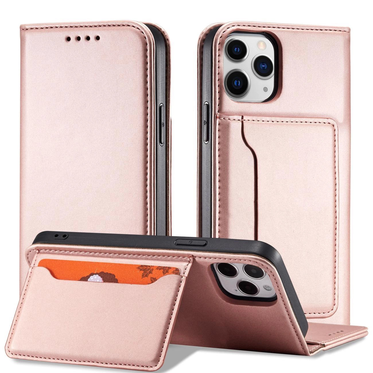Magnet Card Case for iPhone 12 Pro Pouch Card Wallet Card Stand Pink_1