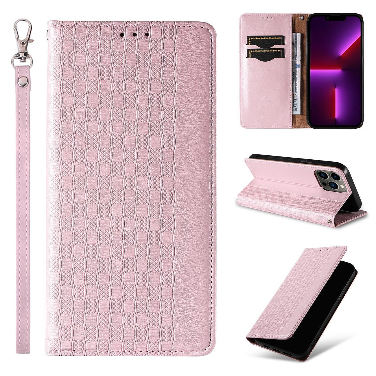 Magnet Strap Case Case for iPhone 13 Pro Max Pouch Wallet + Mini Lanyard Pendant Pink_2
