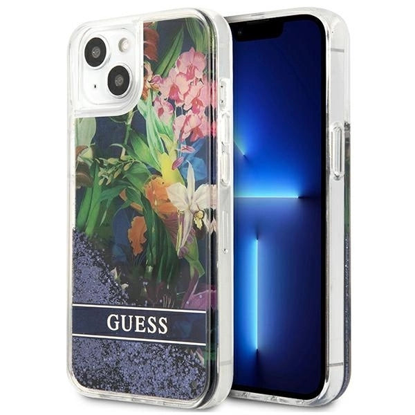 Guess GUHCP13SLFLSB iPhone 13 mini 5.4" blue/blue hardcase Flower Liquid Glitter_0