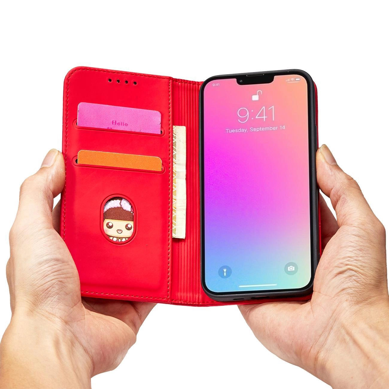 Magnet Card Case case for iPhone 14 flip cover wallet stand red_10