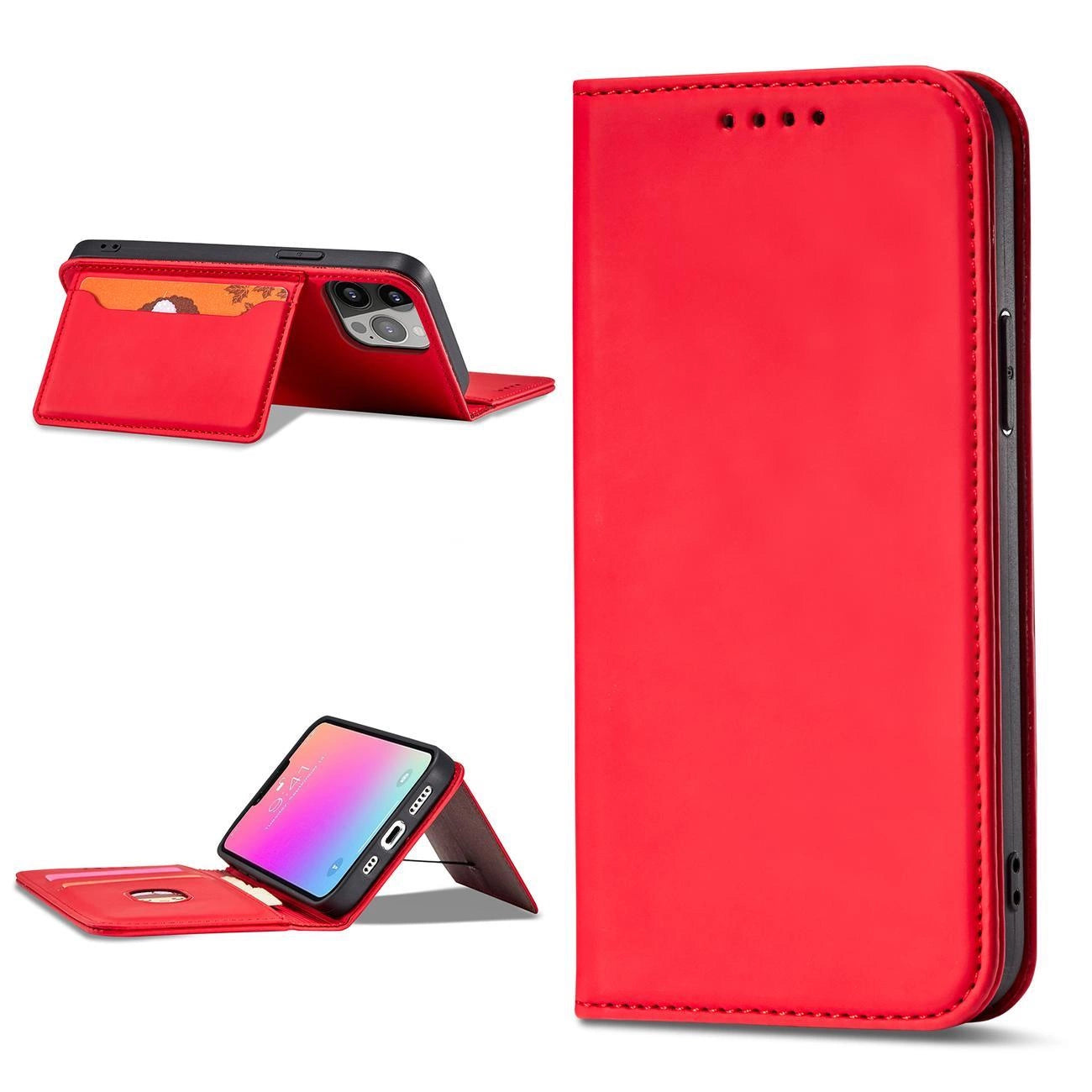 Magnet Card Case case for iPhone 14 flip cover wallet stand red_12