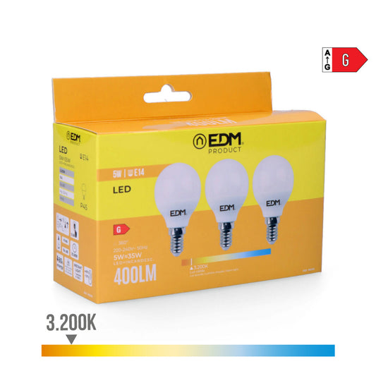 Kit 3 lÃ¢mpadas esfÃ©ricas led e14 5w 400lm 3200k luz quente Ã¸4,5x8cm edm_0