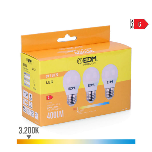Kit 3 lÃ¢mpadas esfÃ©ricas led e27 5w 400lm 3200k luz quente Ã¸4,5x8cm edm_0