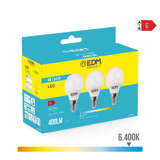 Kit 3 lÃ¢mpadas esfÃ©ricas led e14 5w 400lm 6400k luz fria Ã¸4,5x8cm edm_0