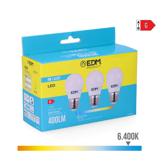 Kit 3 lÃ¢mpadas esfÃ©ricas led e27 5w 400lm 6400k luz fria Ã¸4,5x8cm edm_0