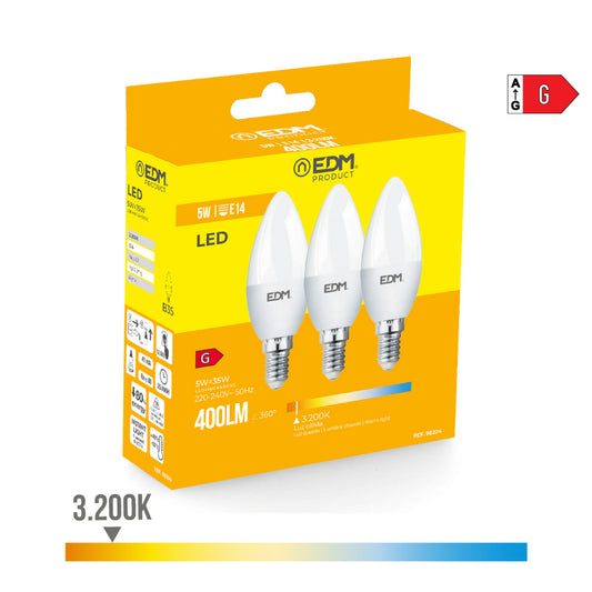 Kit 3 lÃ¢mpadas vela led e14 5w 400lm 3200k luz quente Ã¸3.6x10cm edm_0