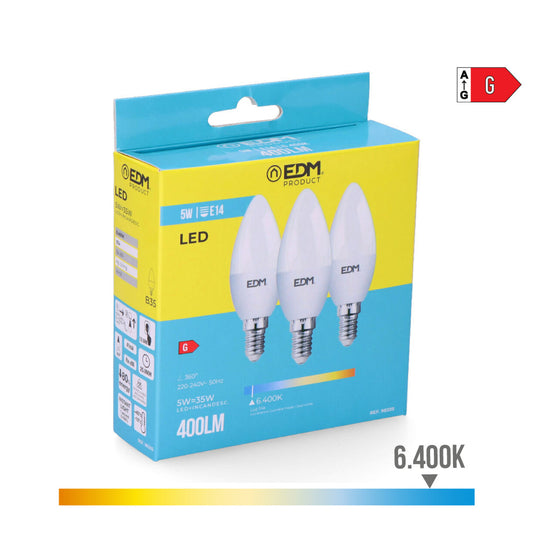 Kit 3 lÃ¢mpadas vela led e14 5w 400lm 6400k luz fria Ã¸3.6x10cm edm_0
