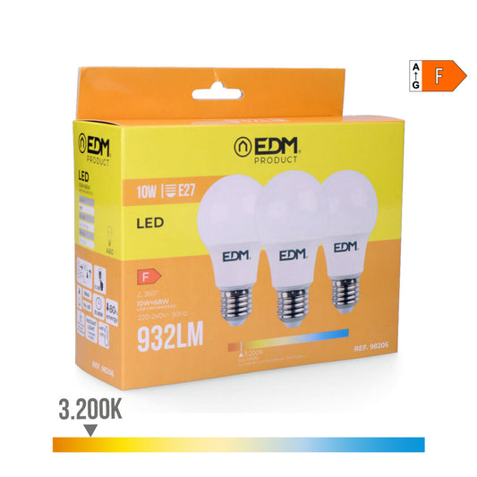 Kit 3 lÃ¢mpadas led standard e27 10w 932lm 3200k luz quente Ã¸6x10,8cm edm_0