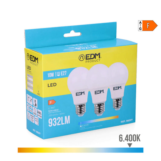 Kit 3 lÃ¢mpadas standard led e27 10w 932lm 6400k luz fria Ã¸6x10,8cm edm_0