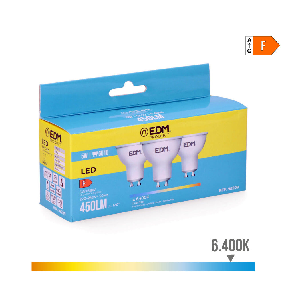 Kit 3 lÃ¢mpadas dicroicas led gu10 5w 450lm 6400k luz fria Ã¸5x5,5cm edm_0