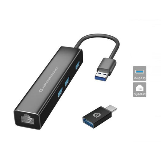 HUB USB-C CONCEPTRONIC / Preto / 3x USB 3.0 + 1x RJ45 + Adaptador USB-C para USB-A_0