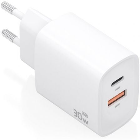 Cargador de Pared GaN Aisens A110-0952/ 1xUSB Tipo-C/ 1xUSB/ 30W/ Blanco_0