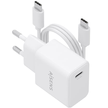 Cargador de Pared GaN Aisens ASCH-20W1P081-W/ 1xUSB Tipo-C/ 20W/ Blanco/ Incluye Cable USB Tipo-C_0