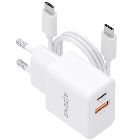 Cargador de Pared GaN Aisens ASCH-20W2P083-W/ 1xUSB Tipo-C/ 1xUSB/ 20W/ Blanco/ Incluye Cable USB Tipo-C_0