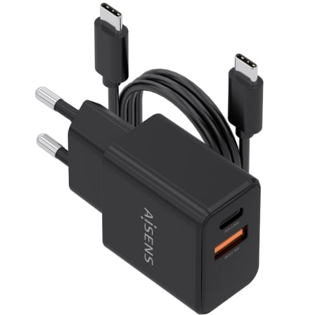 Cargador de Pared GaN Aisens ASCH-20W2P084-BK/ 1xUSB Tipo-C/ 1xUSB/ 20W/ Incluye Cable USB Tipo-C_0