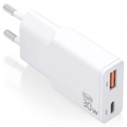 Cargador GaN de Pared Aisens ASCH-30W2P046-W/ 1xUSB Tipo-C/ 1xUSB/ 30W/ Blanco_0