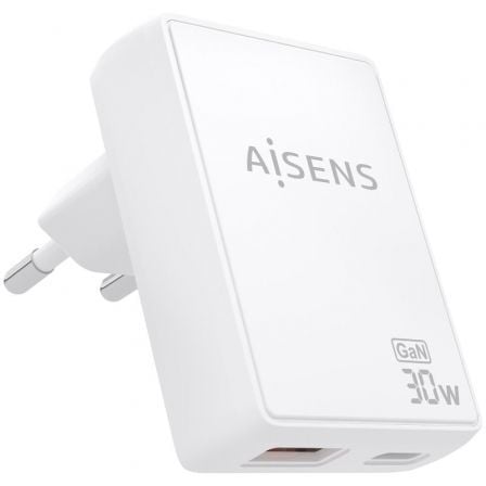 Cargador de Pared GaN Aisens ASCH-30W2P074-W/ 1xUSB Tipo-C/ 1xUSB/ 30W/ Blanco_0