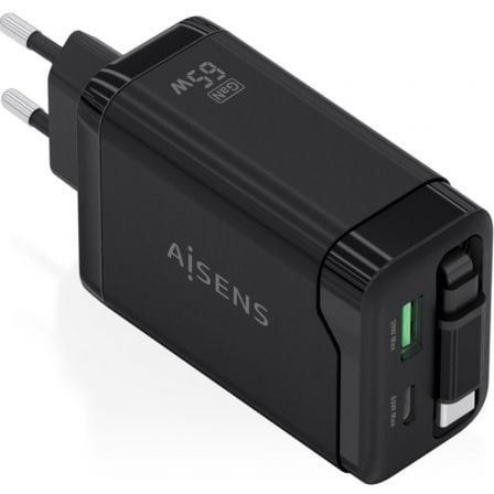 Cargador de Pared GaN Aisens ASCH-65W3P071-BK/ 1xUSB Tipo-C/ 1xUSB/ 65W/ Negro_0