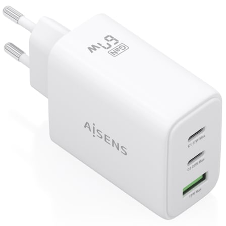Cargador de Pared GaN Aisens ASCH-67W3P086-W/ 2xUSB Tipo-C/ 1xUSB/ 67W/ Blanco_0