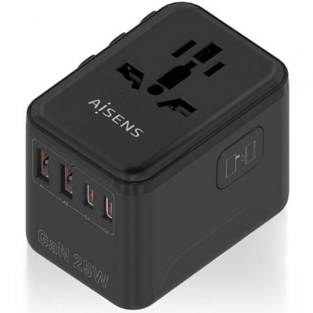 Cargador de Pared Universal GaN para Viaje Aisens ASPS-2A2C08-BK/ Toma de Corriente Universal/ 2xUSB Tipo-C/ 2xUSB/ 25W_0