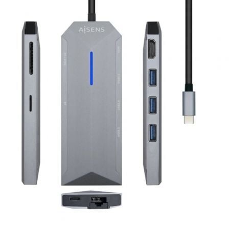 Docking USB Tipo-C Aisens ASUC-8P004-GR/ 1xHDMI/ 3xUSB/ 1xRJ45/ 1xLector Tarjetas / 1xUSB Tipo-C PD/ Gris_0