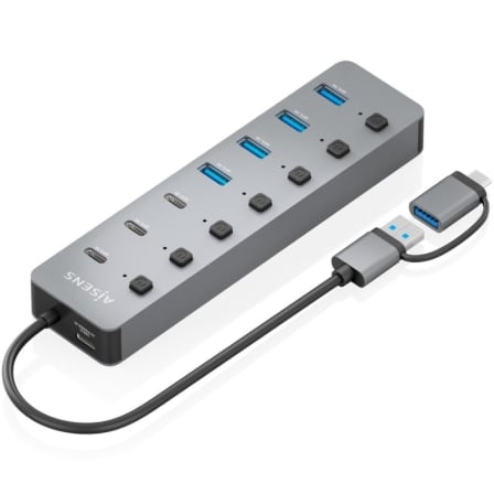 Hub USB Tipo-C + USB 3.1 Aisens ASUC-8P043-GR/ 4xUSB/ 3xUSB Tipo-C/ 1xUSB Tipo-C PD/ Gris_0