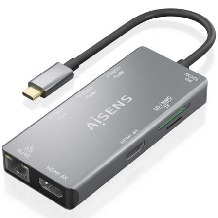 Docking USB Tipo-C Aisens ASUC-9P018-GR/ 2xHDMI/ 3xUSB/ 1xRJ45/ 1xLector Tarjetas/ 1xUSB Tipo-C PD/ Gris_0