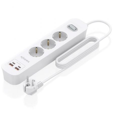 Regleta con Interruptor Aisens ASPS-2A2C10-W/ 3 Tomas de Corriente/ 2 USB - 2 USB Tipo-C/ Cable 1.4m/ Blanco_0