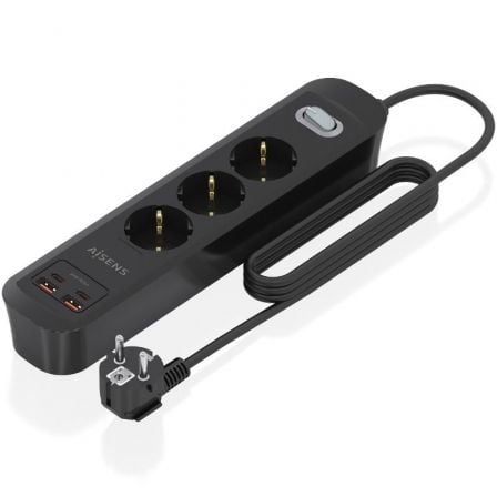 Regleta con Interruptor Aisens ASPS-2A2C11-BK/ 3 Tomas de Corriente/ 2 USB - 2 USB Tipo-C/ Cable 1.4m/ Negro_0