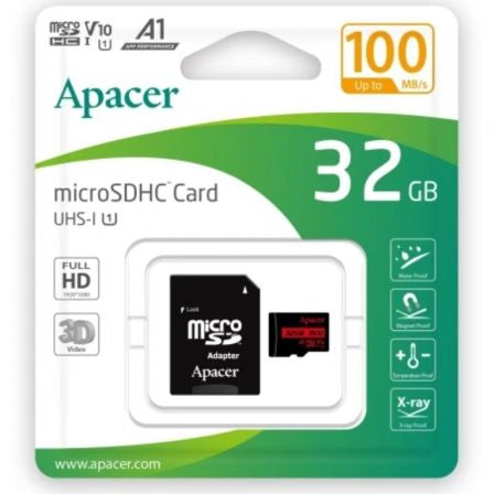 Tarjeta de Memória Apacer 32GB microSD HC UHS 1 / Classe 10 / 100MBs / APA-MICROSD_AP32GMCSH10UB-R