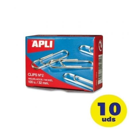 Pack de 10 cajas de 100 Clips Nº2 Apli 11714/ Plata_0