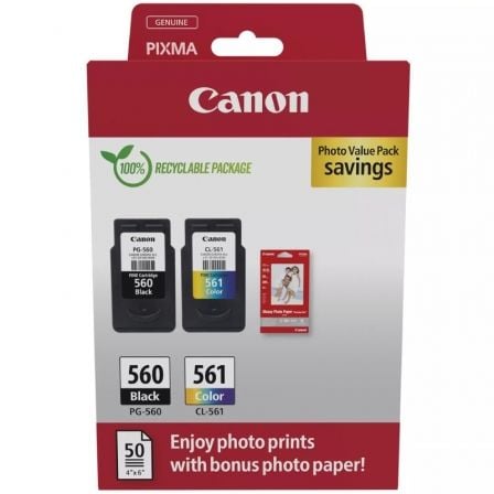 Cartucho de Tinta Original Canon PG-560 + CL-561 Multipack/ Negro/ Tricolor + Papel Fotográfico_0