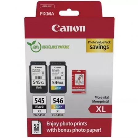 Cartucho de Tinta Original Canon PG-545XL + CL546XL Multipack Alta Capacidad/ Negro/ Tricolor + Papel Fotográfico_0