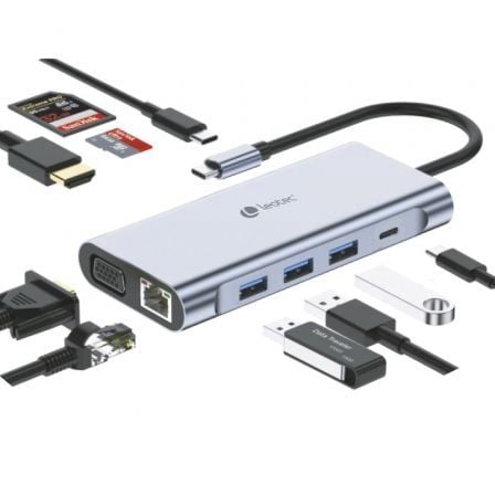 Docking USB Tipo-C Leotec LEDS01/ 3xUSB/ 2xUSB Tipo-C/ 1xUSB Tipo-C PD/ 1xHDMI 4K/ 1xVGA/ 1xRJ45/ 1xAudio/ 1xLector Tarjetas SD y MicroSD/ Gris_0