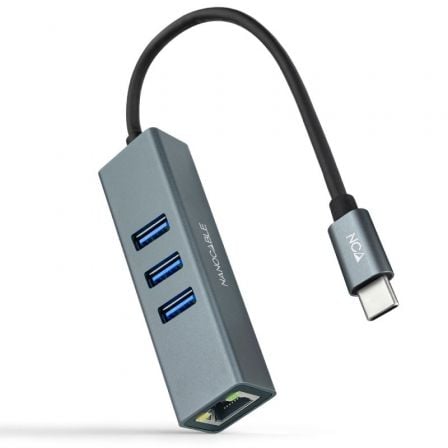 Hub USB Tipo-C Nanocable / 3xUSB / 1xRJ45 / Gris / 10.03.0408
