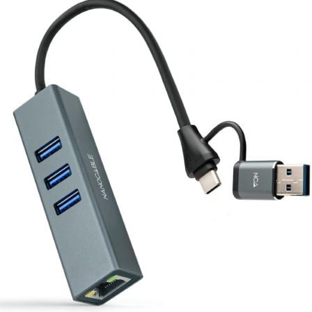 Hub USB + USB Tipo-C 3.0 Nanocable 10.03.0412/ 3xUSB/ 1xRJ45/ Gris_0