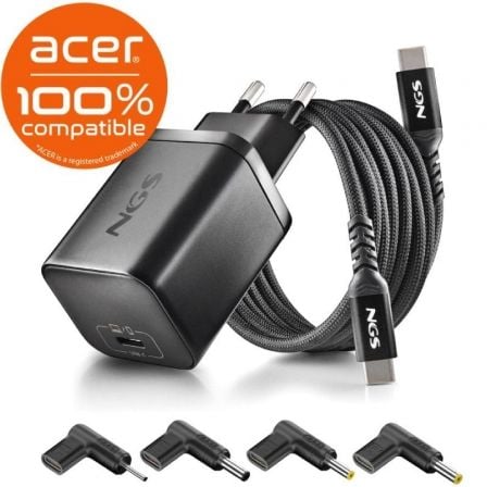Cargador de Portátil GaN NGS BUD65W-AC para Acer/ 1xUSB Tipo-C/ 65W/ Automático/ 4 Conectores/ Voltaje 5-20V_0