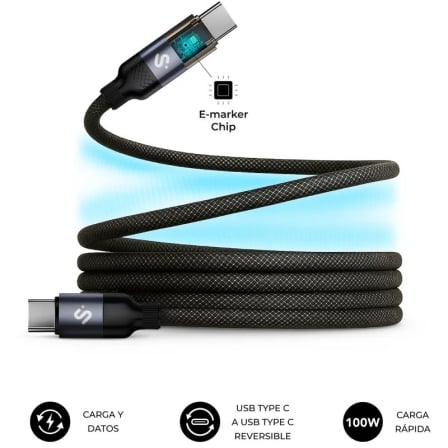 Cable USB 2.0 Tipo-C Subblim PowerMag Led/ USB Tipo-C Macho - USB Tipo-C Macho/ Hasta 100W/ 480Mbps/ 2m/ Negro_0