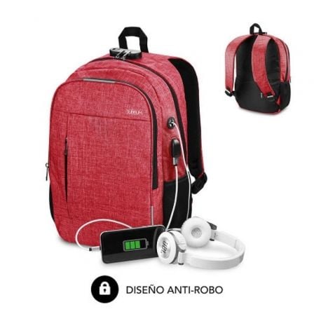 Mochila Subblim Urban Lock para Portátiles hasta 16"/ Puerto USB/ Antirrobo/ Rojo_0