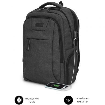 Mochila Subblim Professional Air Padding Backpack para Portátiles hasta 16"/ Puerto USB/ Negra_0