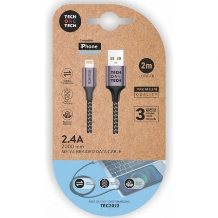 Cabo USB 2.0 Tech One Tech / Lightning Macho / 2m / Gris / TEC2022