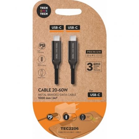 Cable USB 2.0 Tipo-C Tech One Tech TEC2206/ USB Tipo-C Macho - USB Tipo-C Macho/ Hasta 60W/ 480Mbps/ 1m/ Negro_0