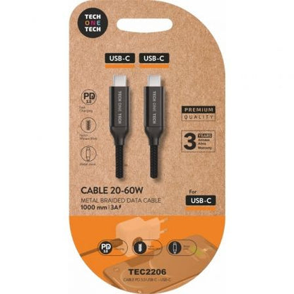 Cable USB 2.0 Tipo-C Tech One Tech TEC2206/ USB Tipo-C Macho - USB Tipo-C Macho/ Hasta 60W/ 480Mbps/ 1m/ Negro_0