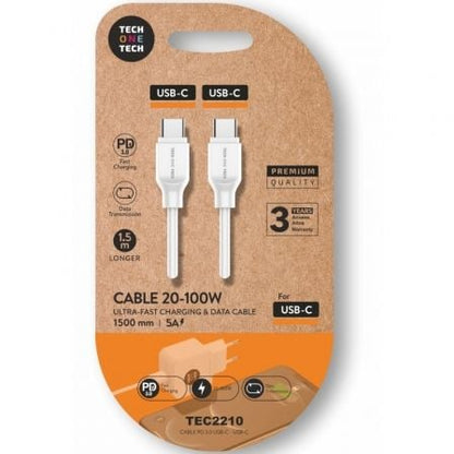 Cable USB 2.0 Tipo-C Tech One Tech TEC2210/ USB Tipo-C Macho - USB Tipo-C Macho/ Hasta 100W/ 480Mbps/ 1.5m/ Blanco_0