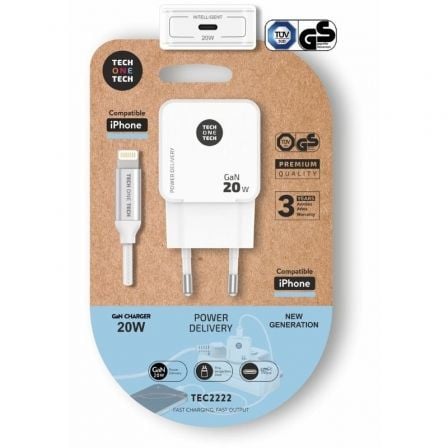 Cargador de Pared Tech One Tech TEC2222/ 1xUSB Tipo-C + Cable Lightning/ 20W/ Blanco_0