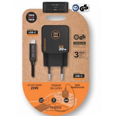 Cargador de Pared GaN Tech One Tech TEC2223/ 1xUSB Tipo-C + Cable USB Tipo-C/ 20W/ Negro_0