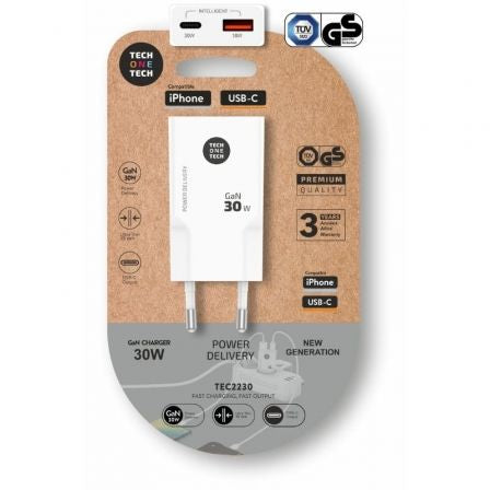 Cargador de Pared GaN Tech One Tech GaN TEC2230/ 1xUSB Tipo-C/ 1xUSB/ 30W/ Blanco_0
